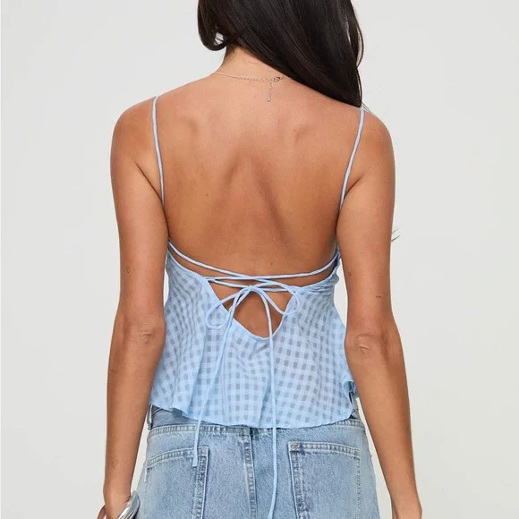 Princess Polly checkered blue front and back tie crop top - Picture 2 of 6